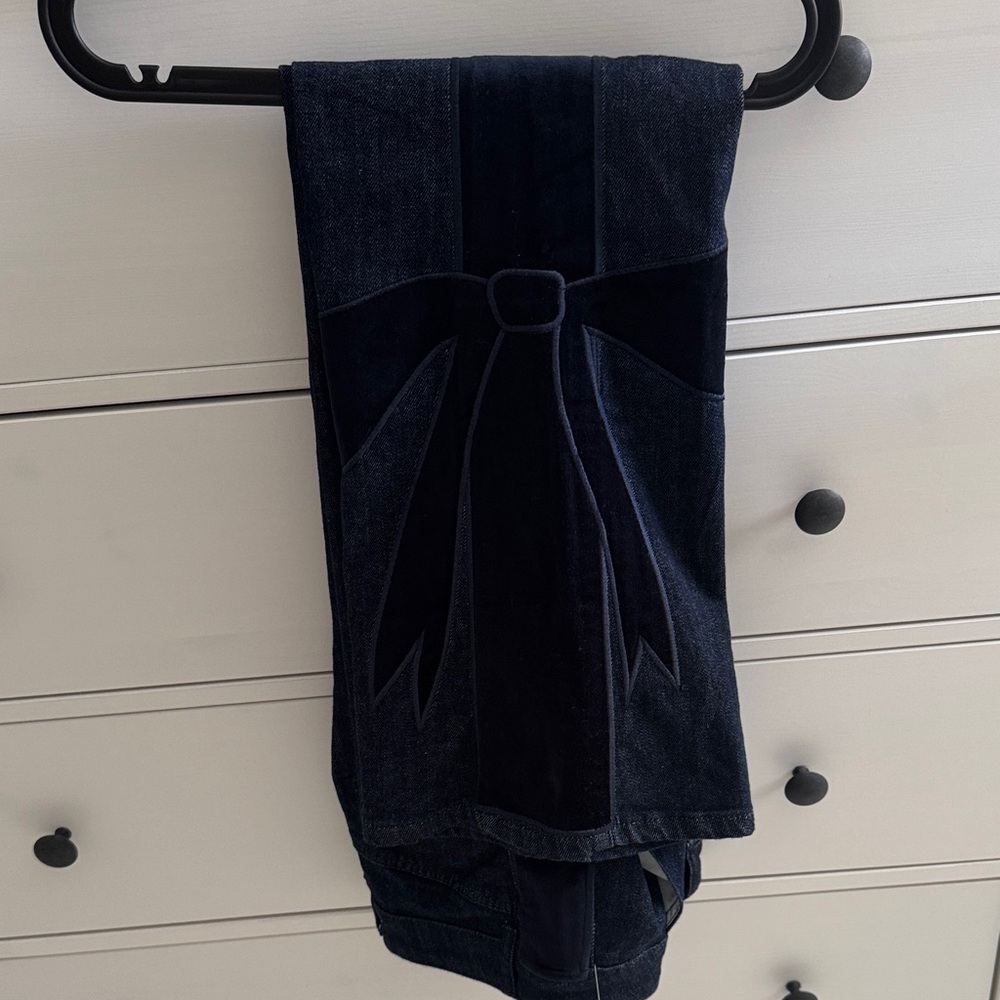 Anthropologie Dark Denim Wide Leg Statement Pants with Velvet Bow Detail Size 29 - Picture 2 of 8